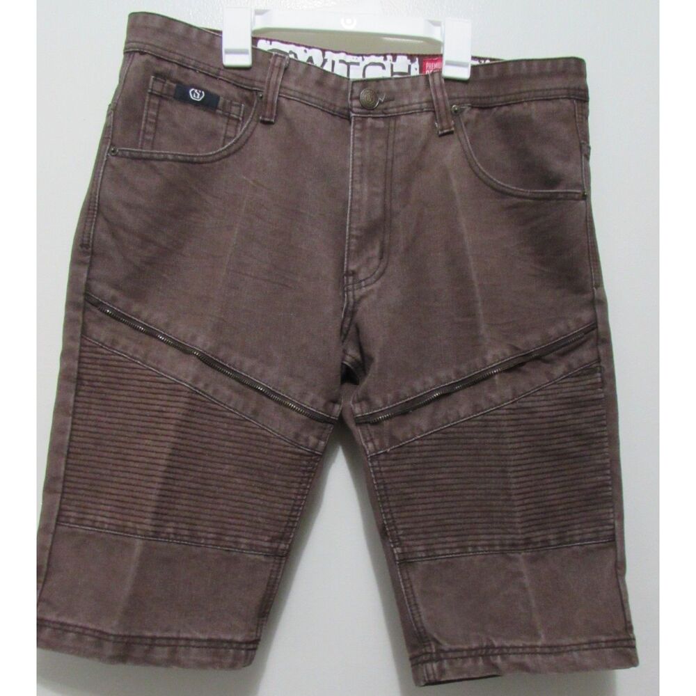 MEN'S SIZE 36 SWITCH PREMIUM DENIM BROWN JEAN SHORTS WITH ZIPPER ACCENTS ON LEGS